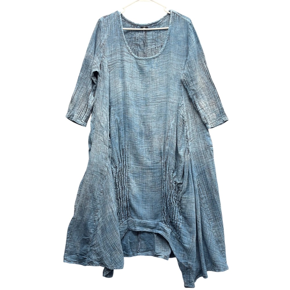 Tulip Blue Cotton Crinkle Gauze Lagenlook Pockets Oversized Asymmetric Dress S